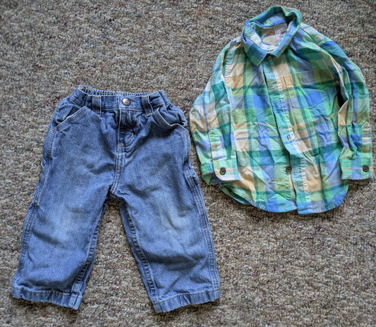 Cat & Jack, Arizona Green, blue & orange longe sleeves shirt with jeans 18 Months