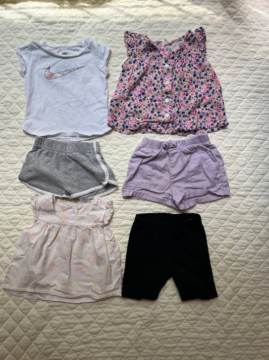 Nike, Garanimals, children's place Nike shirt, 2 floral shirts, gray/purple/black shorts 18 Months