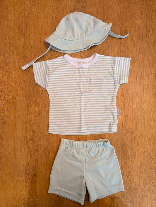 Badgley Mischka, 6-9m, 3 piece - striped t shirt green/white, light green shorts, and matching hat w/ velcro strap 6 Months