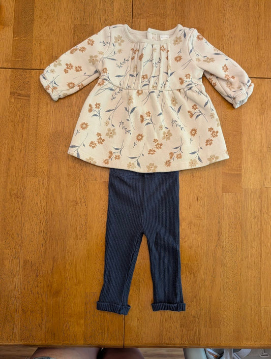Kyle & Deena/Carter's, 0-3m, ribbed blue pants cream floral thick long sleeve shirt/dress w/ back buttons 3 Months