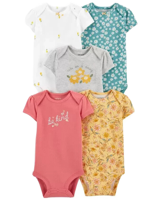 NEW Carters Baby Girl Onesies 5 Pack Floral 9mo Multi-colored Floral/Be Kind short sleeve onesies 9 Months