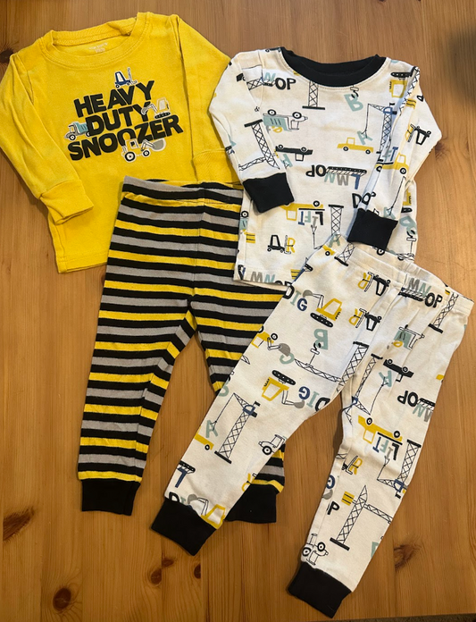 4pc Carters 18m Construction PJs Pajamas Sets Yellow "Heavy Duty Snoozer"/Striped Pants, White w/ ABC Trucks 18 Months