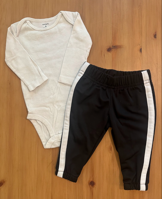 2pc Carters/Okie Dokie Athletic Pants and Onesie White LS Onesie, Black Side-Striped Sport Pants 6 Months
