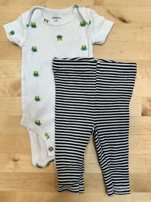 Carters, Skip + Hop white and green monster print onesie, black/white striped pants Newborn