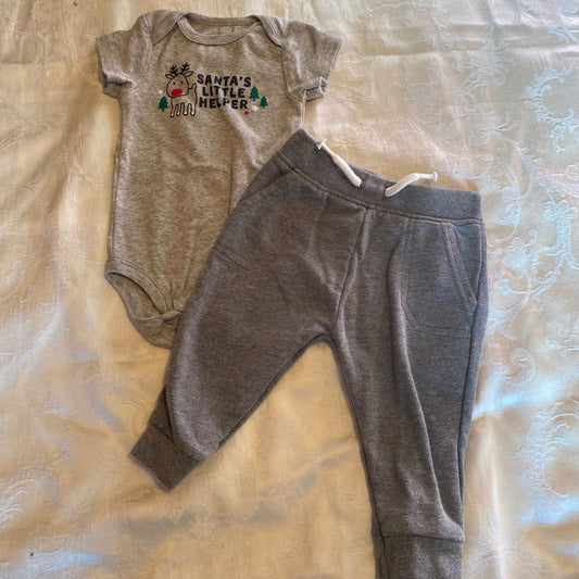 Garanimals & Little Wonder 3m-6m Santa Little Helper short sleeve onesie & dark gray sweater pants 3 Months