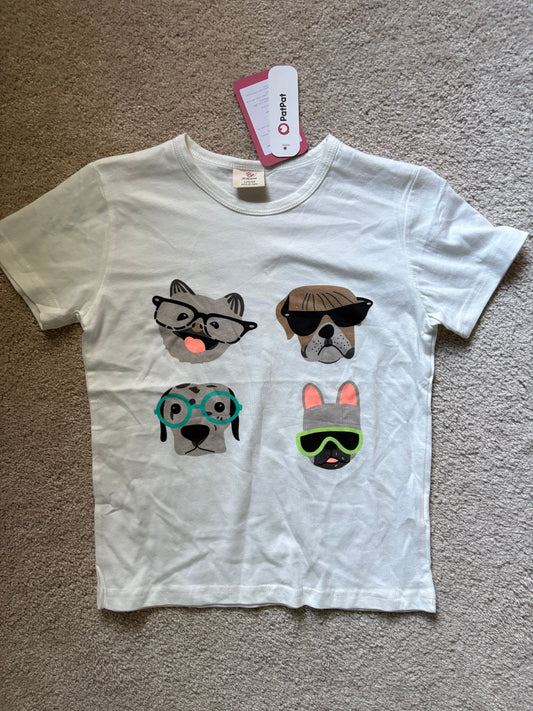 PatPat, 7, white t-shirt with Doggy Emoji graphic short sleeve, size 7 yrs, size 130, unisex NWT 7
