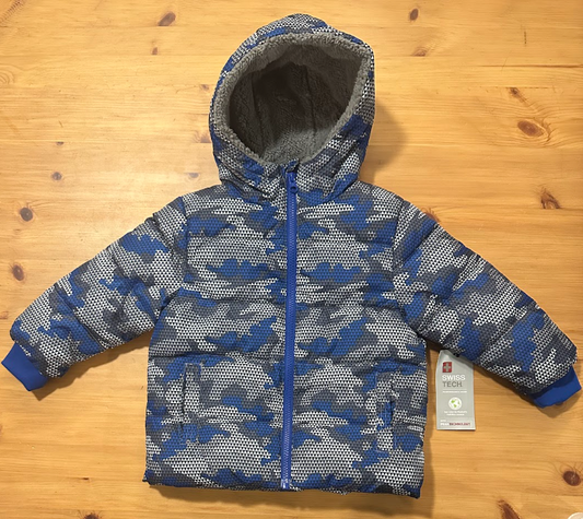 2T Swiss Tech Blue Camouflage Puffer Coat Jacket w/ Very Soft Fleece Lining in Hood, Full Zip 2T