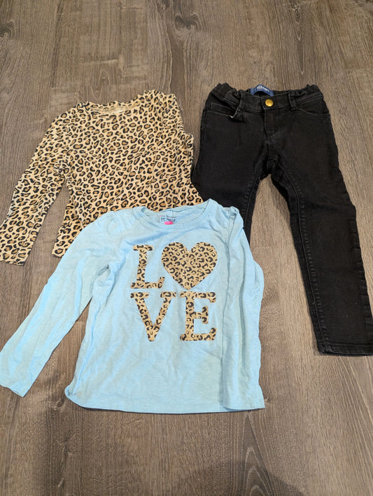 Children's Place and Old Navy 2 Shirt 1 Jeans Set Cheetah Print Plain and Blue Love Shirts, Black Jeans w/ Zip 4T/4
