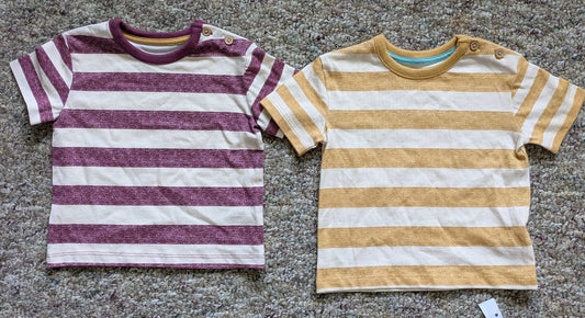 George: 3-6m, fits slightly large, never worn Maroon & yellow striped t shirt 3 Months