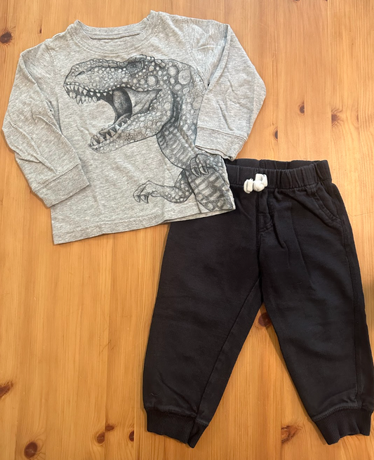 2pc Carters Dinosaur Winter Outfit Gray LS Tee T-Shirt w/ Black Dino, Black Pants 24 Months