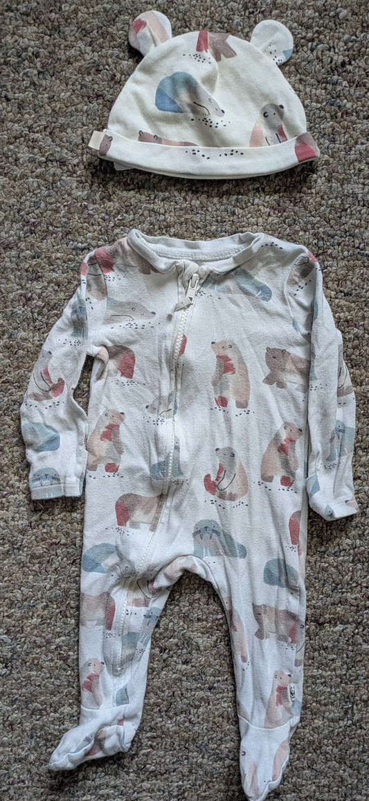 Fred & Flo: 6-9 months Water color polar bear pajamas w zip & matching hat 6 Months