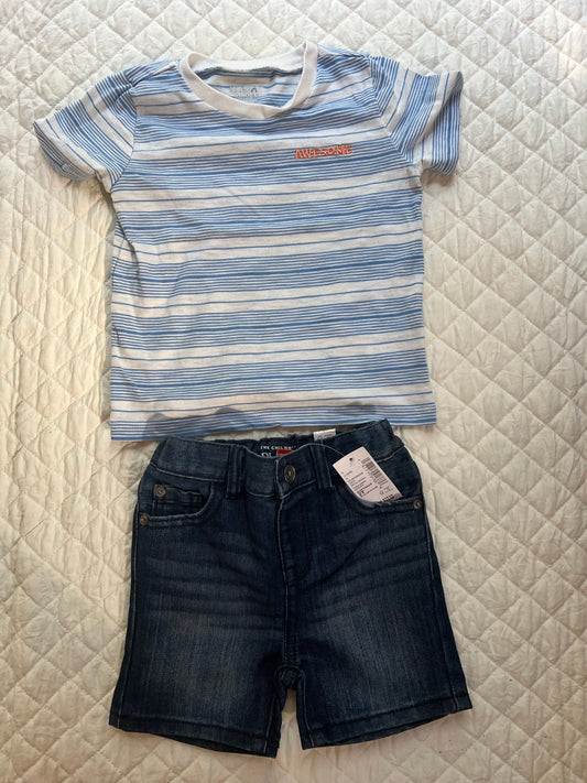 Children's Place & Garanimals NWT jean shorts and blue striped Awesome shirt 2T