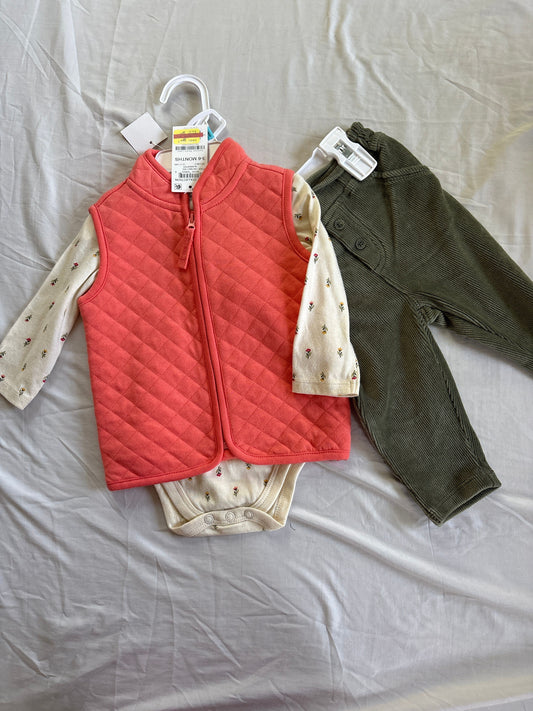 First impressions, 3-6 months, 3 piece outfit NWT, vest, flower, onesie, green corduroy pants 3 Months