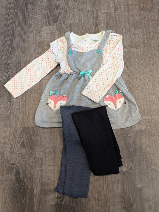 Healthtex/Okie Dokie/Nannette Baby Black Leggings, Blue Jeggings, Grey Polka Dot Fox Top 24 Months