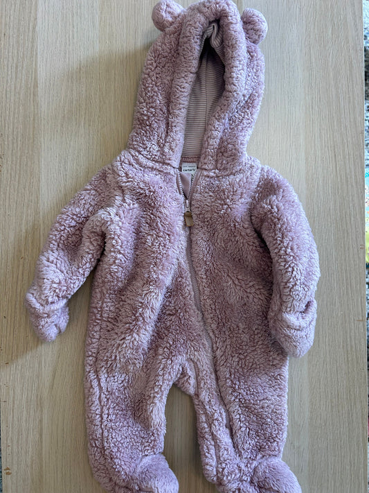 Carters Child of Mine 3m fleece pram suit Pink/purple footed suit with zipper, bear ears on hood, NWOT 3 Months