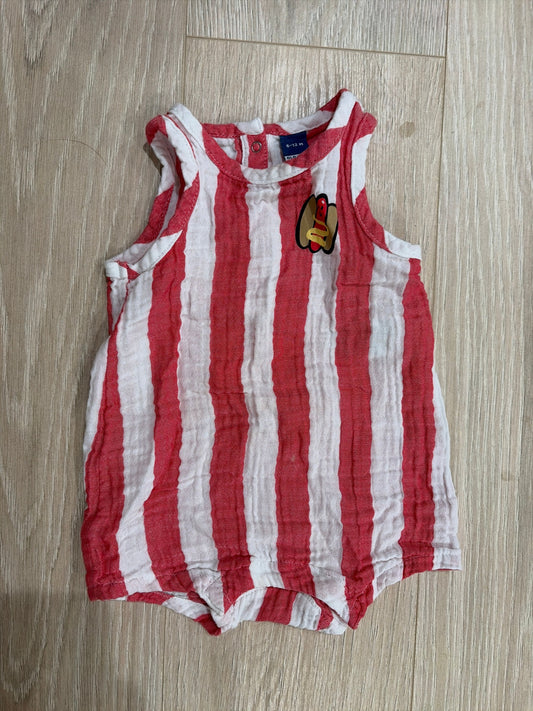 Old Navy 6-9 Month Sleeveless Linen Romper Red and White Stripe with Hot Dog 6 Months