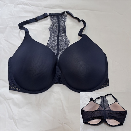 Victorias Secret navy blue gold underwire bra with lace center back 36DDD front clasp Bra