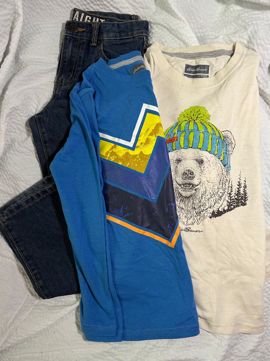 Eddie Bauer. Crazy 8. size 10. 3 pieces 2 Eddie Bauer long sleeve shirts. 1 pair C8 straight cut jeans. 10