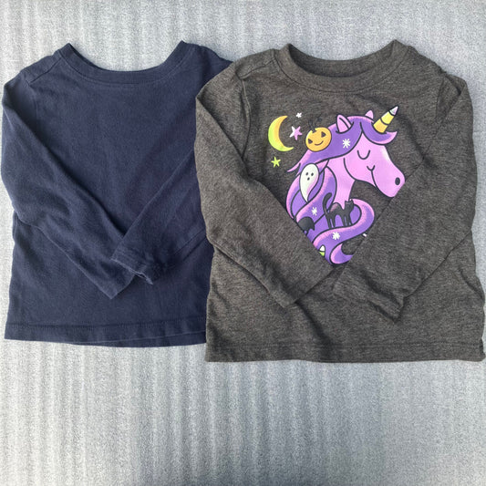 Old Navy - 18-24m two long-sleeved shirts Navy blue runs closer to 18m. Gray Halloween unicorn is bigger 18 Months