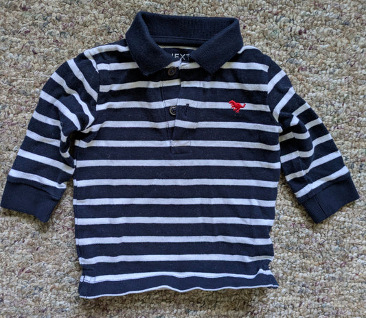Next: 6-9 months Collared Navy & white stripped long sleeve with red t rex symbol 6 Months