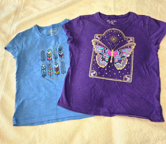 LL Bean and The Children's Place Girls' 2 Pack T-Shirt size 5/6 Blue Feather Purple Butterfly 5T/5