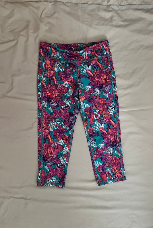Old Navy Active girls' size 14 activewear leggings teal/white/magenta/orange floral pattern, mid-calf length 14