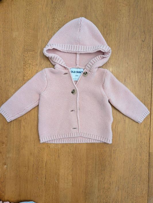 Old Navy, 3-6m, button-up hooded cardigan sweater pink, thick knit 3 Months