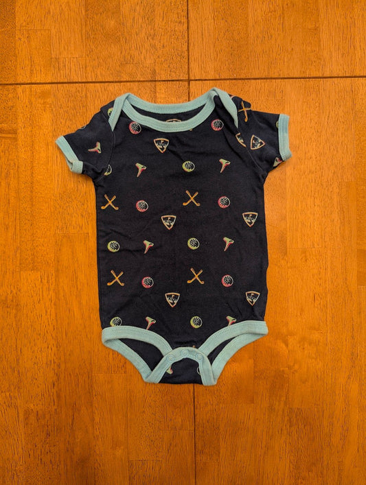 Top Golf, 6m, blue short sleeve onesie Golf theme - balls, clubs, tees 6 Months