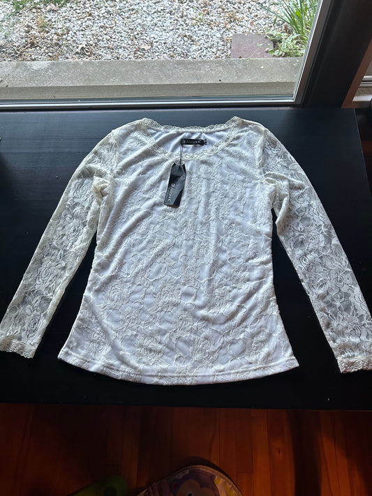 Allegra K White Lace Blouse NWT Sheer Long Sleeves 95% Polyester 5% Spandex Women's - M