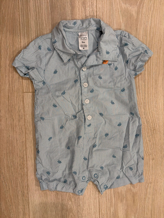 Carters 9 Month Romper Short Sleeve, Blue Striped with Bunnies 9 Months