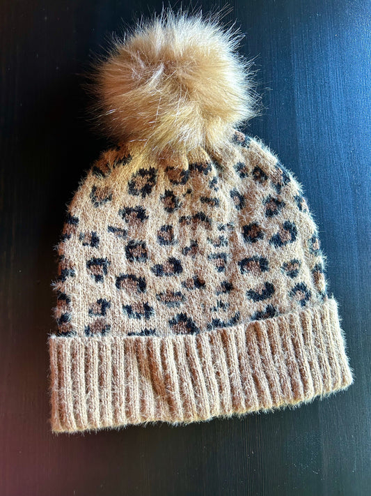 Women's Leopard Print Pom Pom Beanie Faux Fur Hat Winter, fuzzy texture, fold over ribbed cuff, beanie, neutral Hat