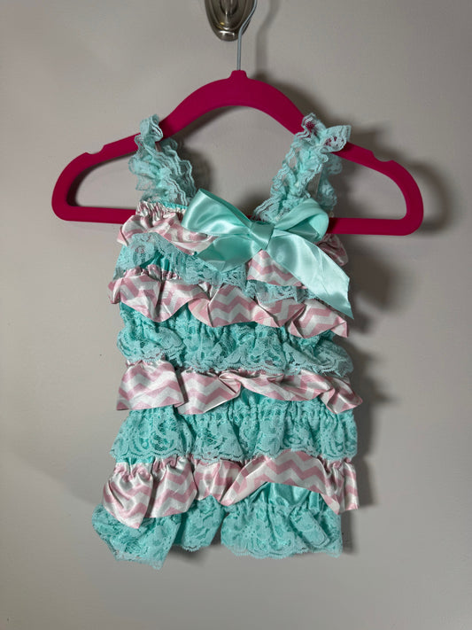 Petti Romper Light Turquoise Lace & Pink/White Satin Chevron Romper Newborn