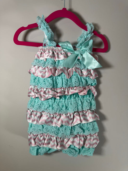 Petti Romper Light Turquoise Lace & Pink/White Satin Chevron Romper 12 Months