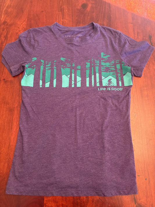 Life is Good cool tee Short sleeve, purple and green, biking outdoors Women's - XS