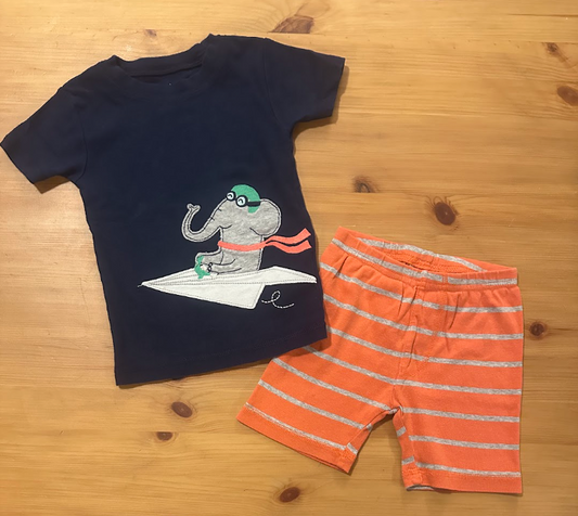 2pc Just One You 2T PJs Pajamas Set Elephant Riding Paper Airplane on Navy SS Top, Coral Striped Shorts 2T