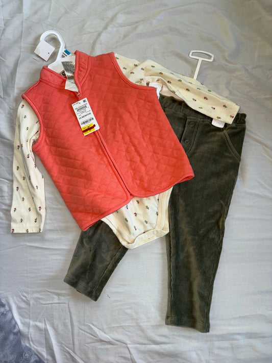 First Impressions, 24 months, 3 piece outfit NWT, green corduroy pants, zip up vest and floral onesie 24 Months