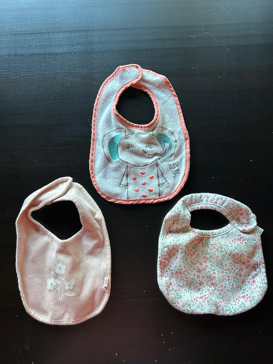 Carter's and Huggies Baby Girl Bib Bundle - 3 Set of 3 baby girl bibs in soft pink and floral patterns.