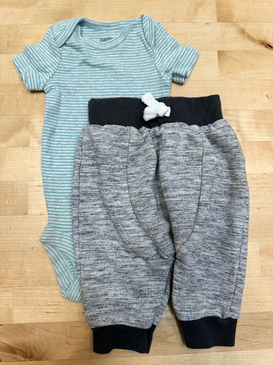 Carters, Cat & Jack green striped onesie, gray heather pants Newborn