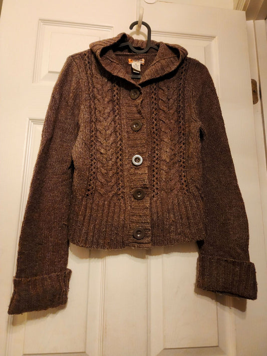Mudd - XL 50% Acrylic, 25% Wool, 25% Nylon Brown Long Sleeve Button Up Sweater w. Hood Women's - XL