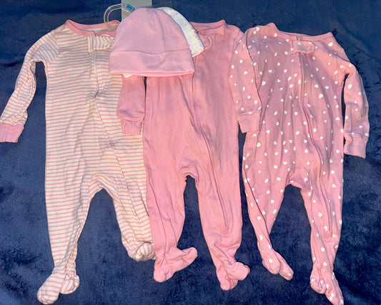 3-6m pink footie pajamas and hats bundle 3-6m pink footie pajamas and hats bundle 3 Months