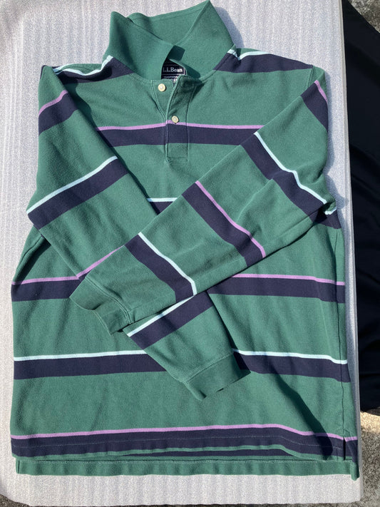 L.L.Bean - large long-sleeved polo shirt Green / Purple Horizontal Stripes - collar - 1/4 button Men's - L