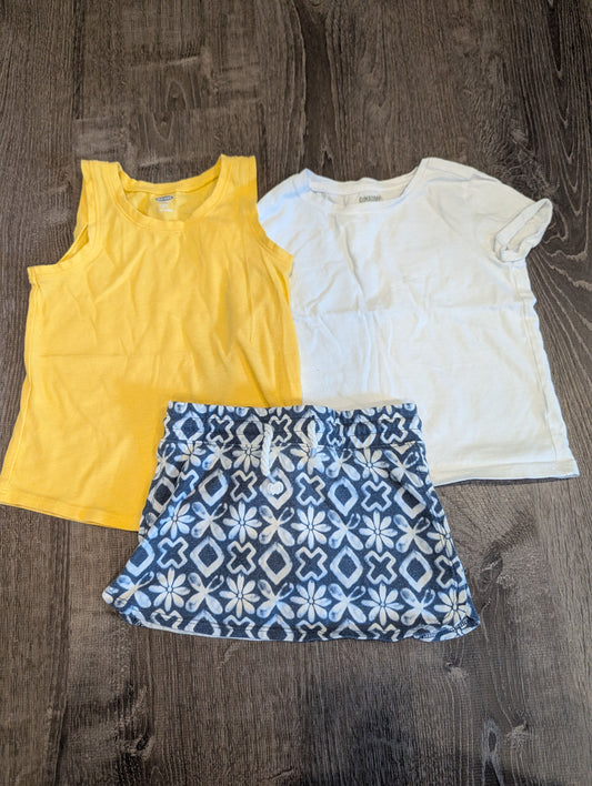 Osh Kosh, Old Navy, Gymboree Skort and 2 Tops Blue and White Skort, Yellow Tank, White Tshirt 4T/4