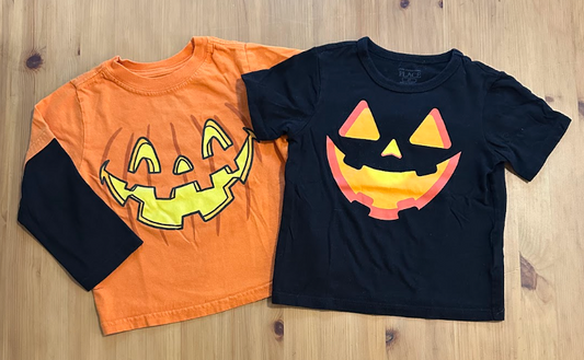 2pc Halloween Tees T-Shirts Pumpkin-Carving Orange LS "Layered", Black SS 2T
