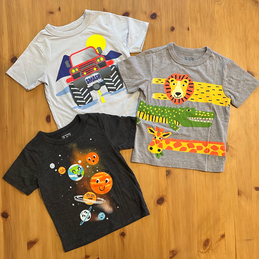 3pc Children's Place Tee T-Shirt Variety Set LIKE NEW! Monster Truck, Jungle Animals, Space/Planets 2T