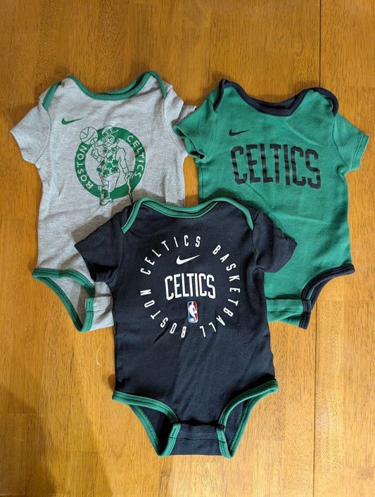 Nike, 12m, 3 pack, short sleeve Celtics onesies gray, green, black, Celtics logos 12 Months