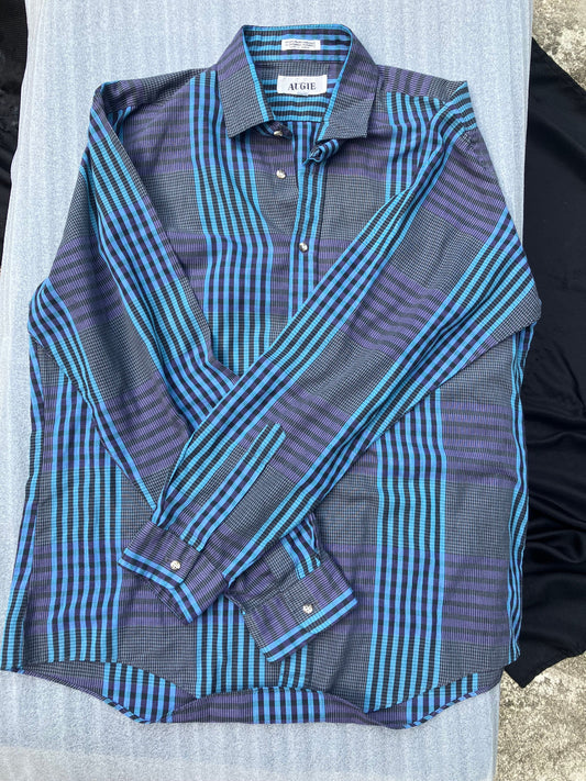 Augie - large 16 - 16.5 long-sleeved shirt lightweight button-down blue, purple, gray plaid - collar, pocket Men's - L