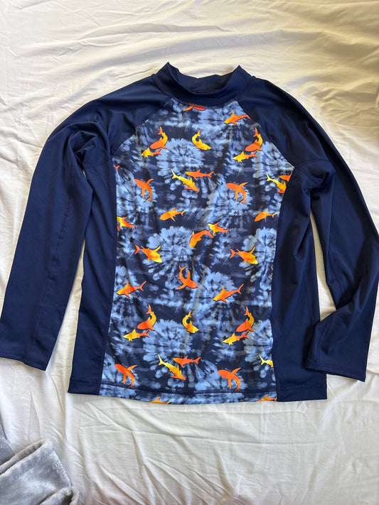 Lands End, 10H-12H, rash guard swim shirt Navy blue with tie-dye and yellow and orange sharks, long sleeve 10
