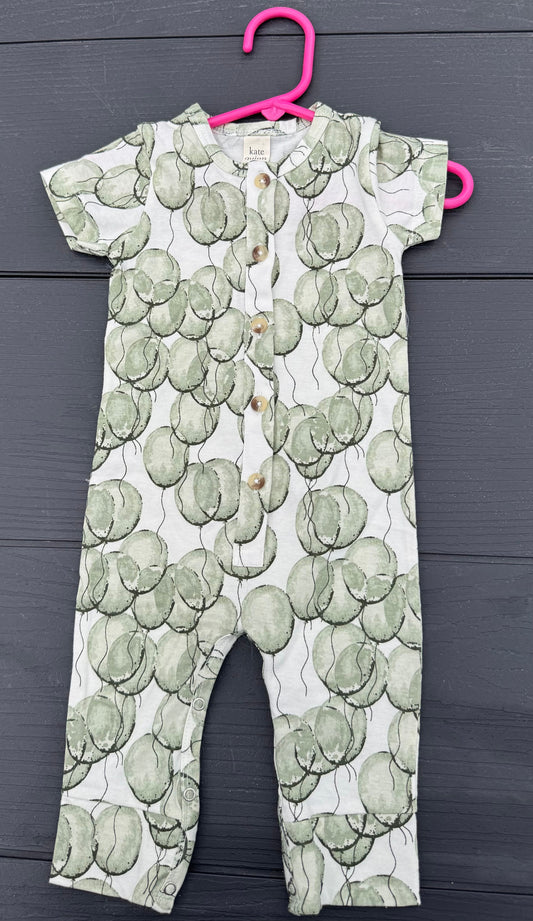 Kate Quinn one piece short sleeve 3-6 months Balloon dark green print snap legs button front 6 Months
