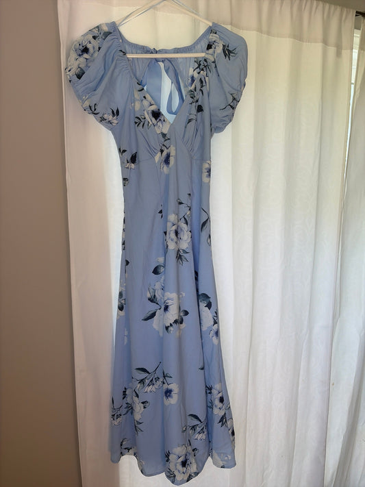 Francescas Size Medium Blue Floral Maxi Dress with Bow-Tie Back, NWT Women's - M