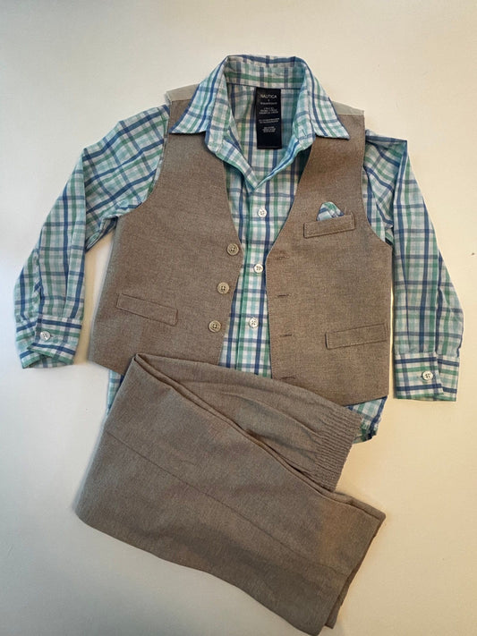 Nautica boys size 5 3 piece suit with vest pants, vest khaki/tan with blue and green button down 5T/5